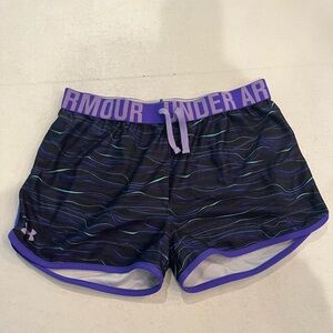 Under Armour purple striped, inside out waistband athletic shorts. GUC!